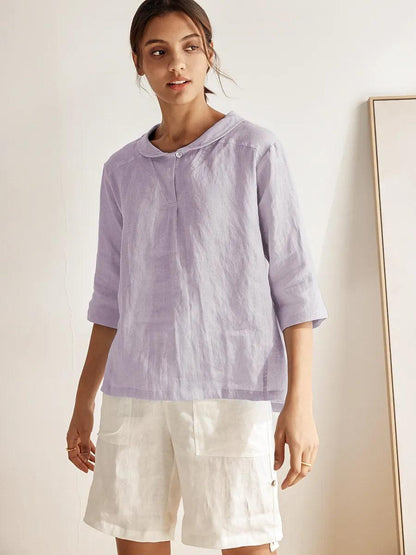 100% Linen Stripe Shawl V-Neck Half Sleeve Top