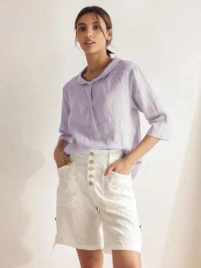 100% Linen Stripe Shawl V-Neck Half Sleeve Top