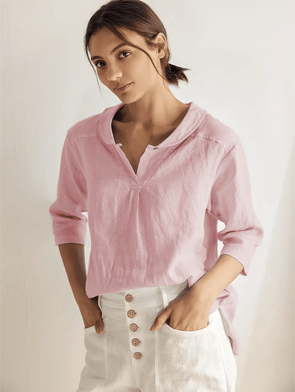 100% Linen Stripe Shawl V-Neck Half Sleeve Top