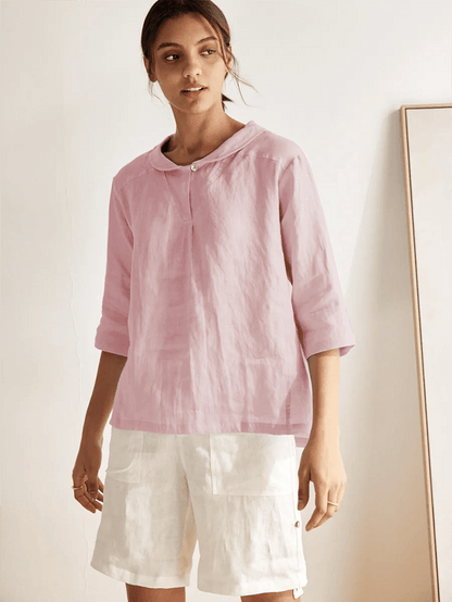 100% Linen Stripe Shawl V-Neck Half Sleeve Top