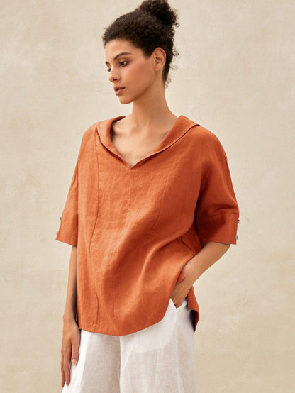 Linen V Neck Short Sleeve Shirt PENNY