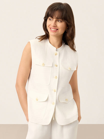 100% Linen Four-Pocket Tailored Sleeveless Vest COSIMA