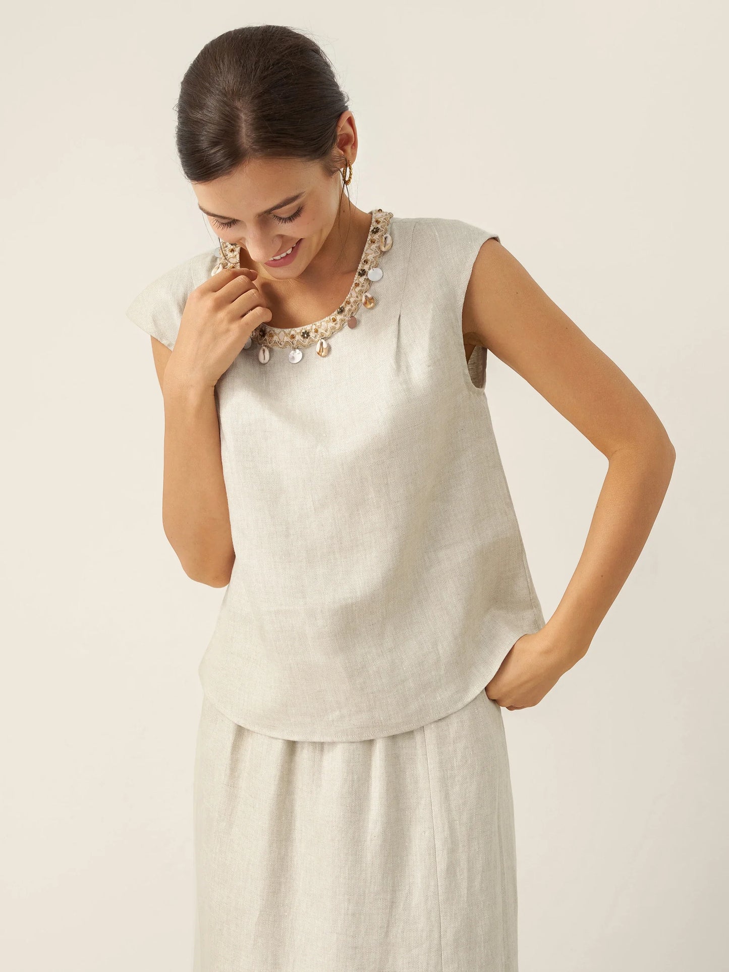 100% Linen Cap Sleeve Beaded Top BIANCA