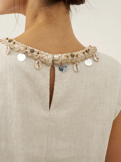 100% Linen Cap Sleeve Beaded Top BIANCA