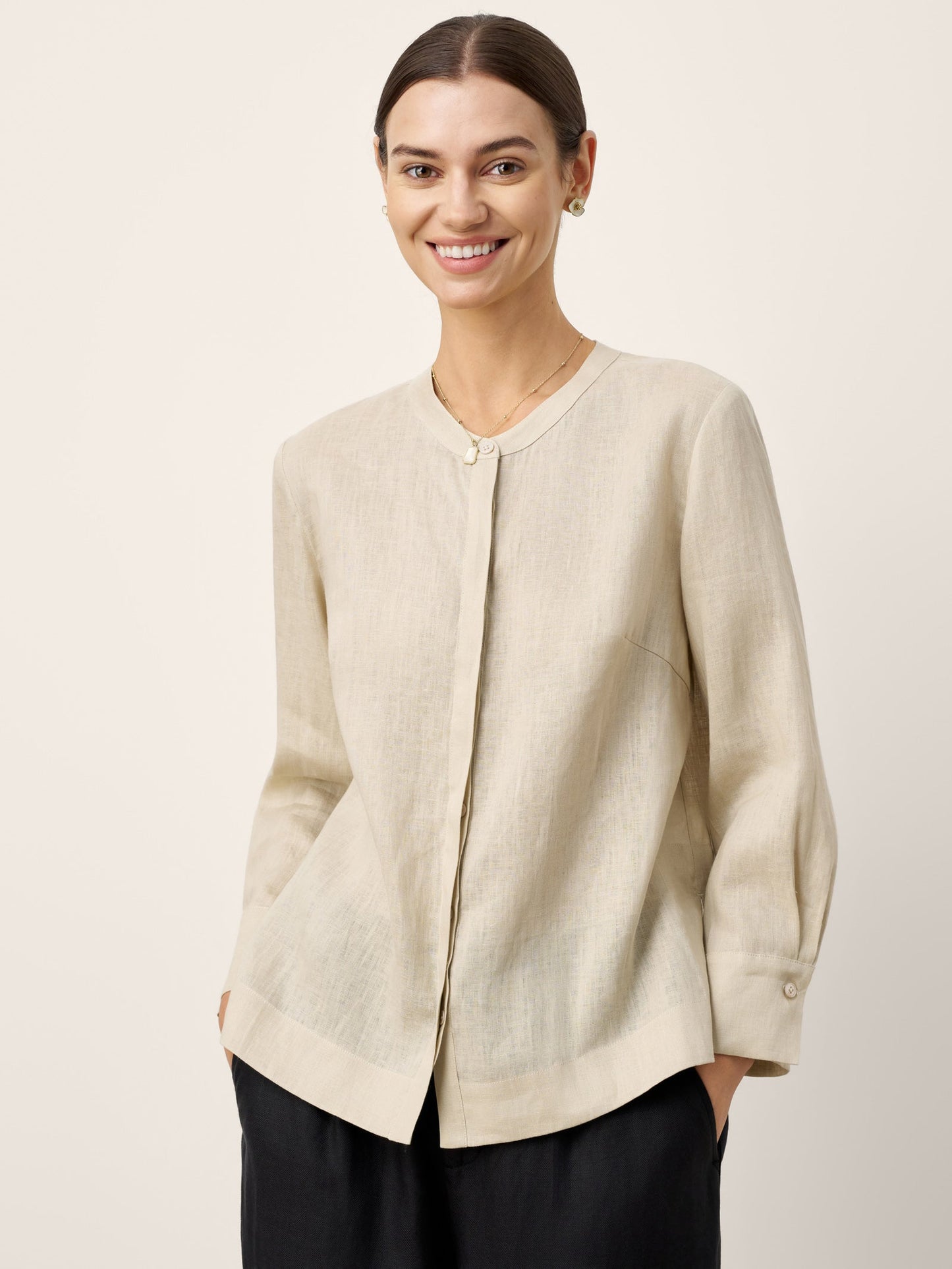 100% Linen Hidden Button Crew Neck Shirt INES