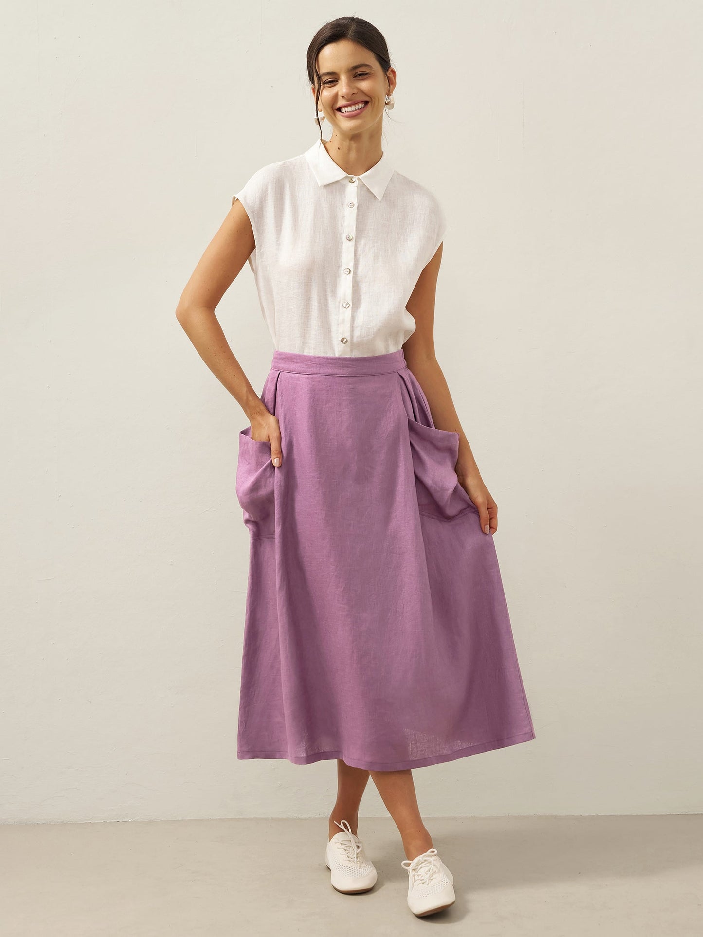 Linen Checked Elastic Waist Skirt ONYX
