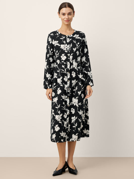 100% Linen Floral Printed Gathered Maxi Dress ELODIE
