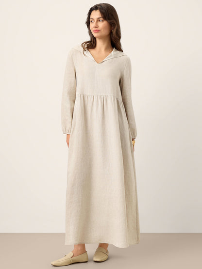 100% Linen Sculpted-Hood Caftan Maxi Dress LINETTE