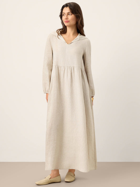100% Linen Sculpted-Hood Caftan Maxi Dress LINETTE