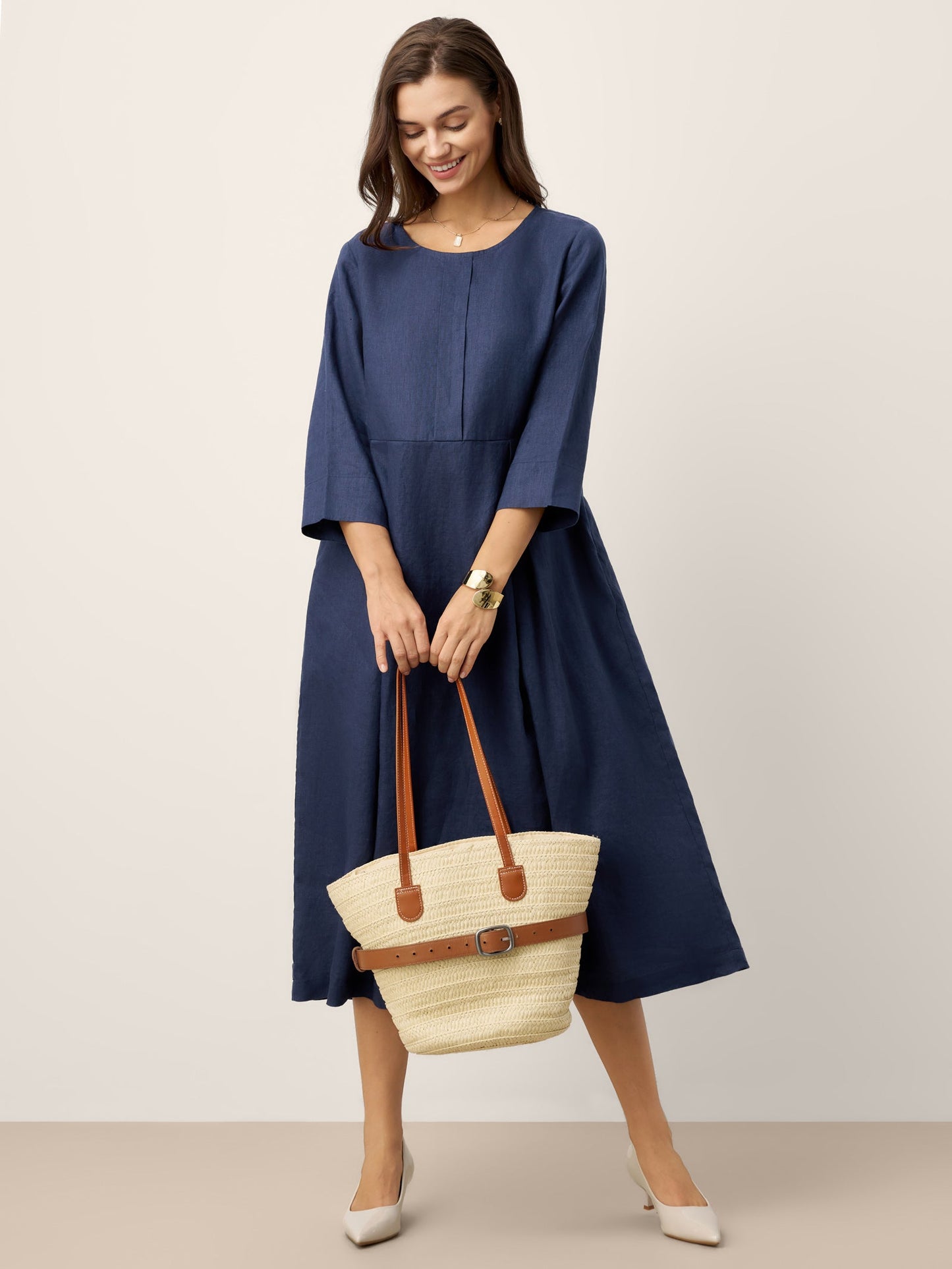 100% Linen Inverted Pleat Waist Button Midi Dress IMARA