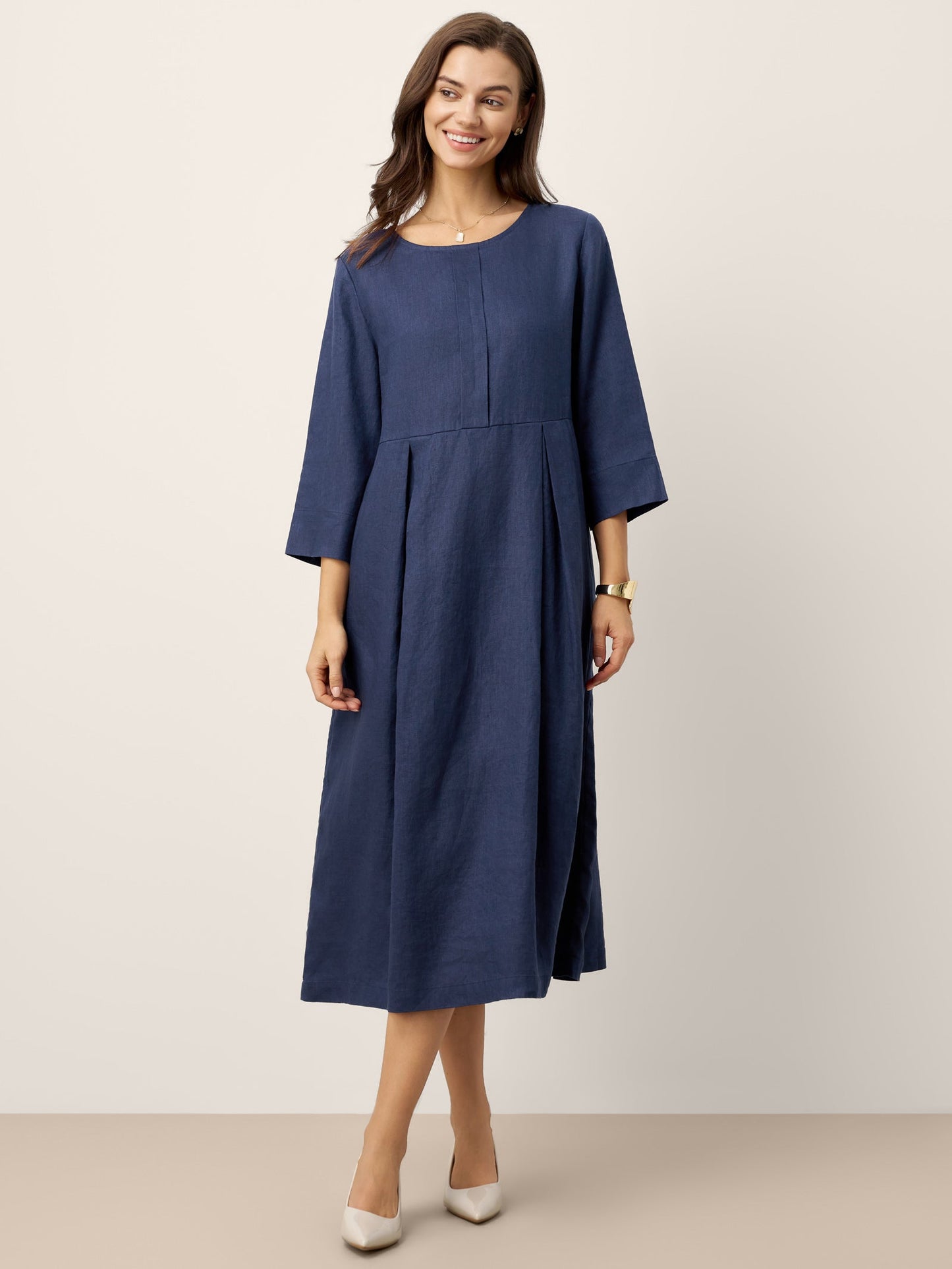 100% Linen Inverted Pleat Waist Button Midi Dress IMARA