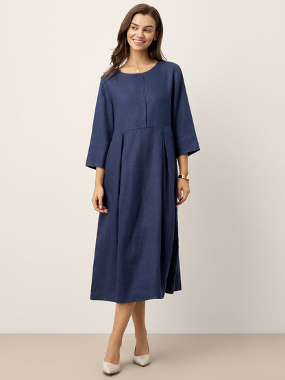 100% Linen Inverted Pleat Waist Button Midi Dress IMARA