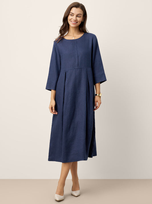 100% Linen Inverted Pleat Waist Button Midi Dress IMARA