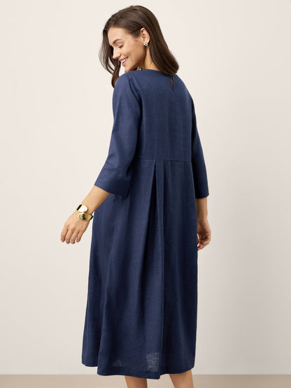 100% Linen Inverted Pleat Waist Button Midi Dress IMARA