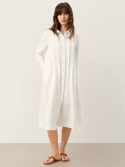 100% Linen Embroidered Pintuck Midi Shirt Dress SYLVIA