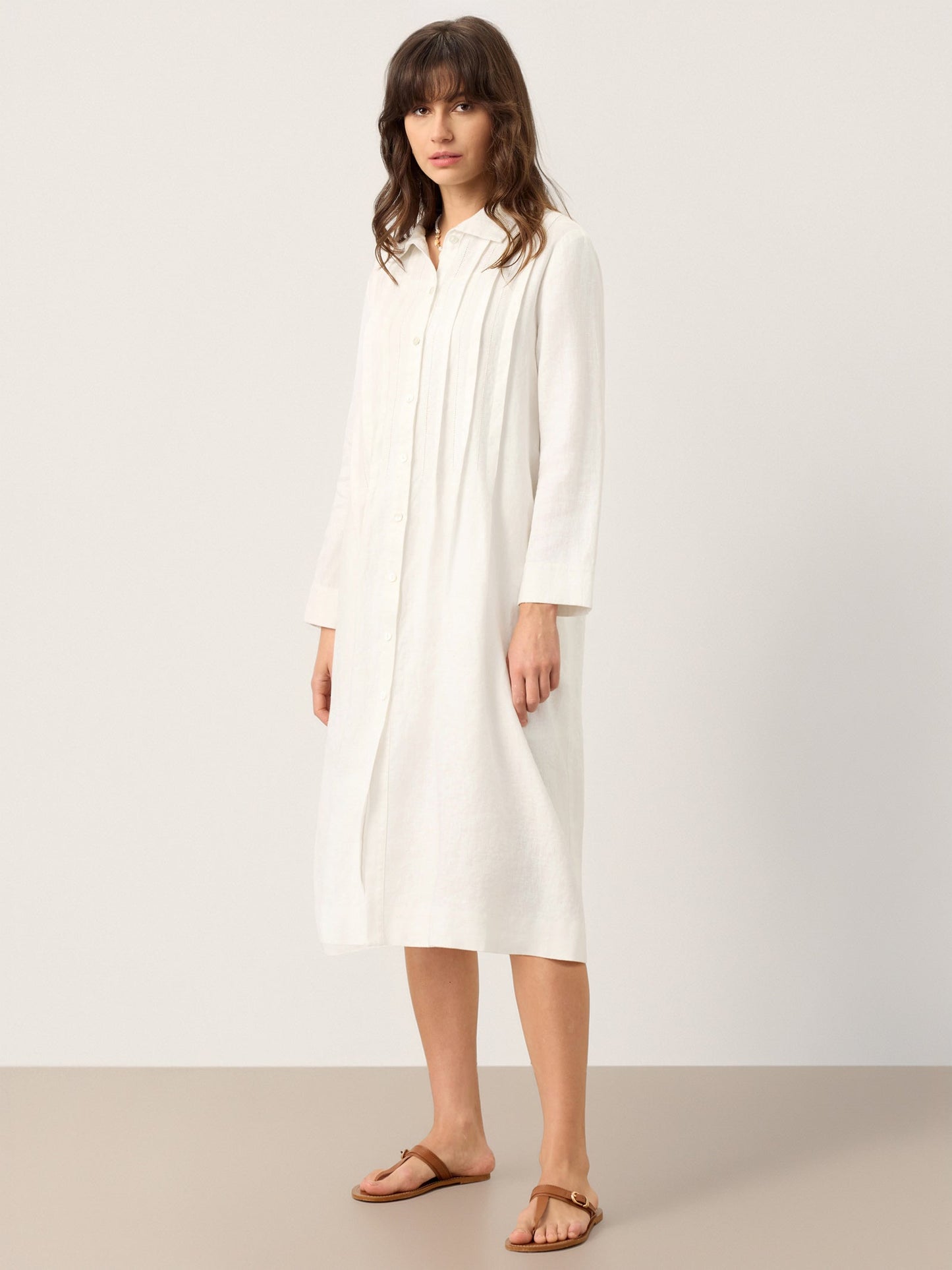 100% Linen Embroidered Pintuck Midi Shirt Dress SYLVIA