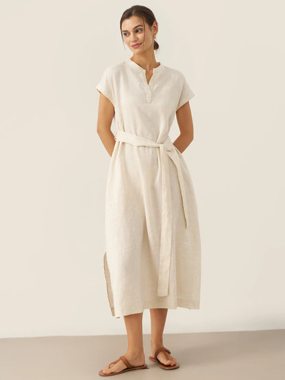 100% Linen Mandarin Collar Maxi Dress with Detachable Belt MARGARET