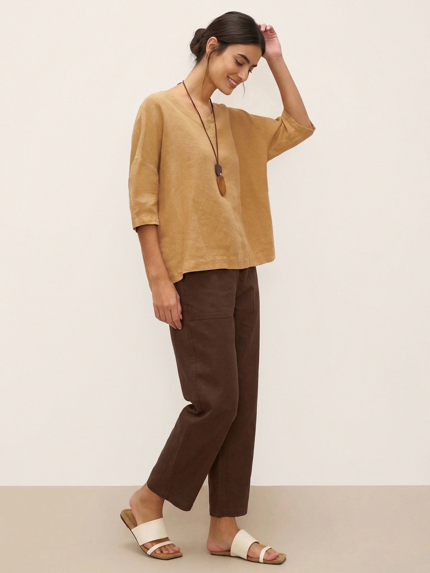 100% Linen V-Neck 3/4 Length Sleeve Top DORA