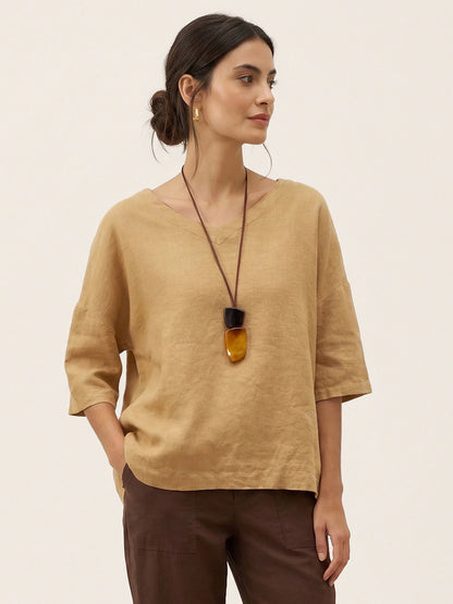 100% Linen V-Neck 3/4 Length Sleeve Top DORA