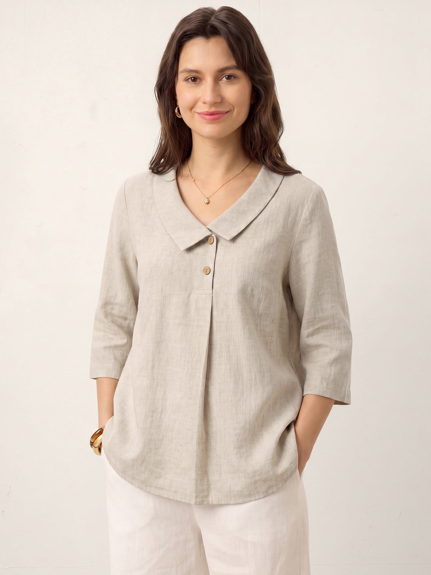 100% Linen Asymmetric Collar Inverted Pleat Top OTTILIE