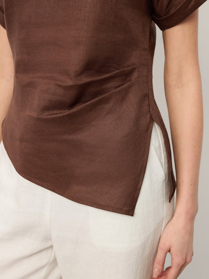 100% Linen Asymmetric Hem Side Gathered Split-Neck Top MINERVA