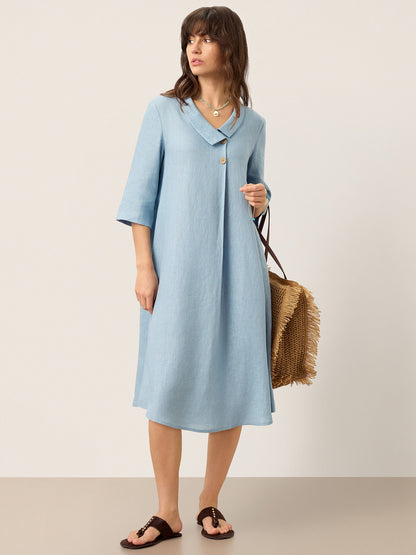 100% Linen Asymmetric Shawl Collar A-Line Midi Dress WINIFRED