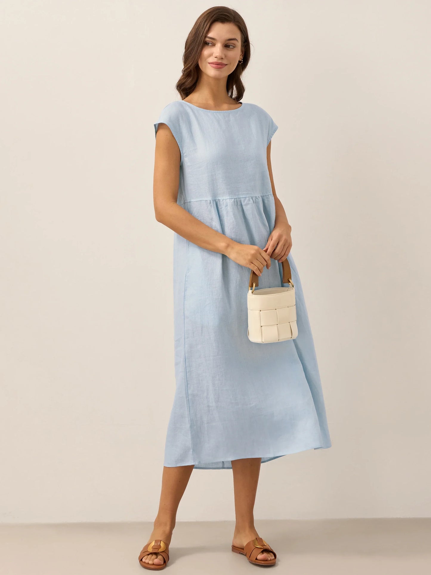 Linen Striped Cap Sleeve Washed Maxi Dress JOAN