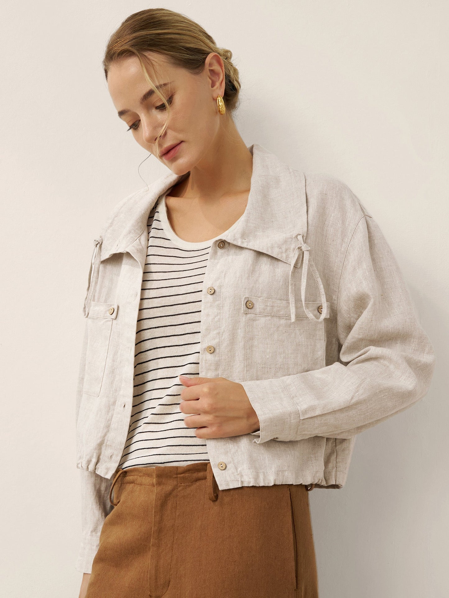 100% Linen Drawstring Convertible Lapel Jacket LAYNE