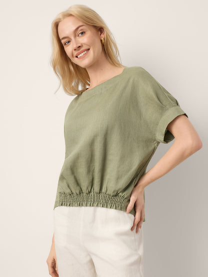 100% Linen Drop Shoulder Split-Back Double Shirred Hem Top LINDSEY