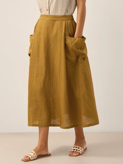Linen Checked Elastic Waist Skirt ONYX