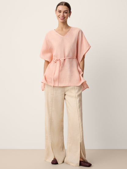 100% Linen Flutter-Sleeve V-Neck Top MARA