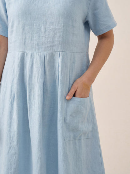 100% Linen Pinstripe Paneled Short-Sleeved Dress MORGAN