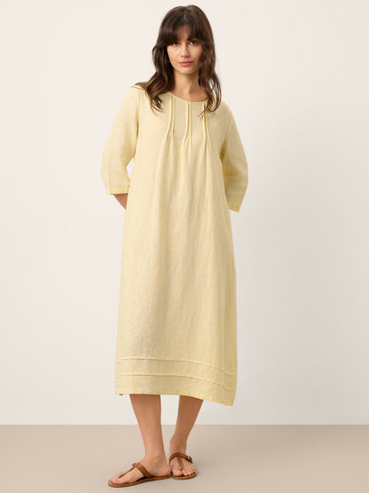 100% Linen Pintucked Embroidered Adjustable Belt Tiered Maxi Dres VERENA