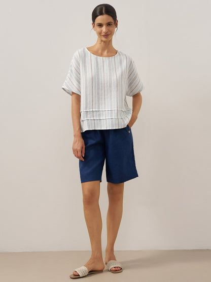 100% Linen Pleated Striped Pullover Top VIA