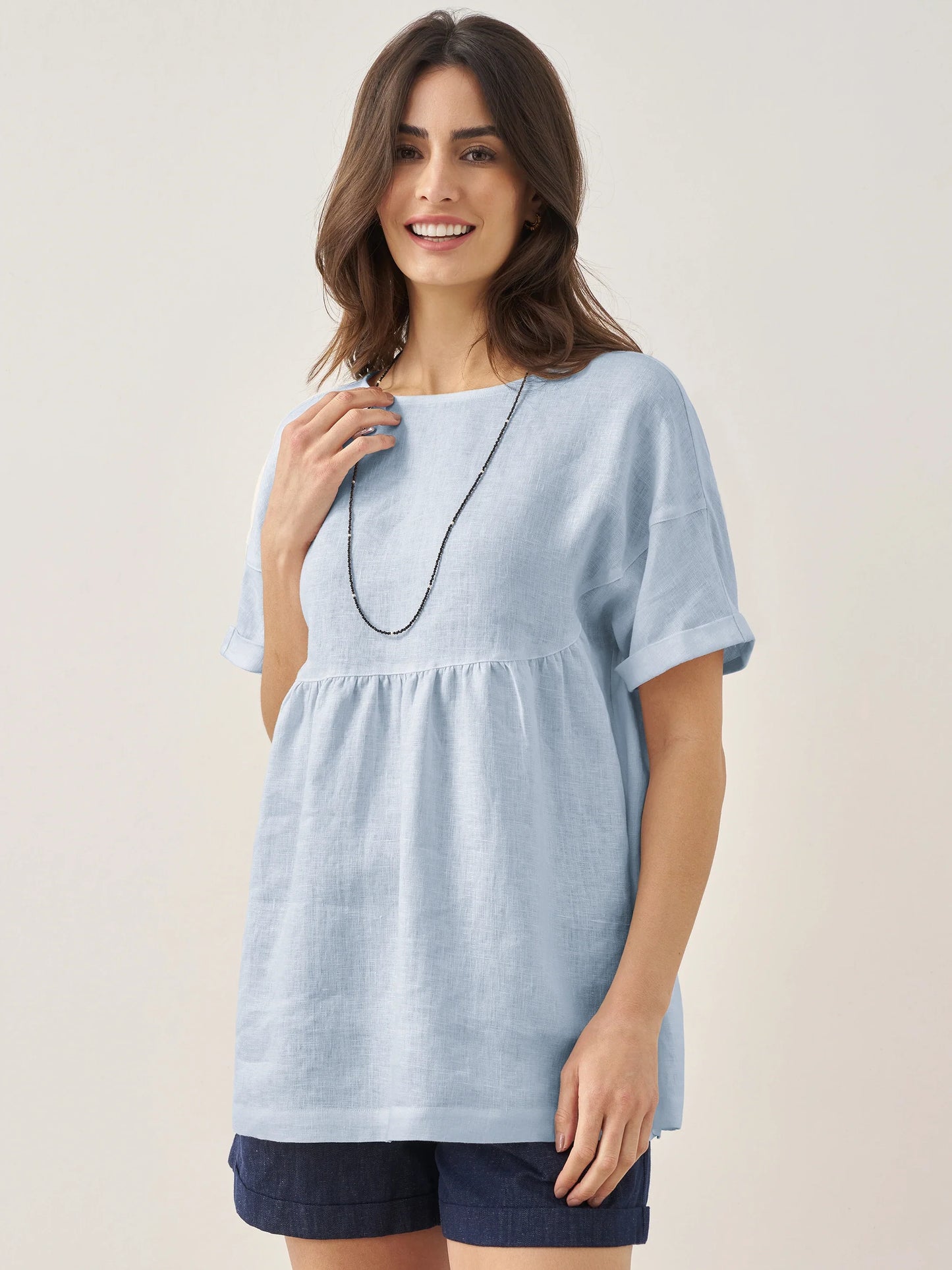 100% Linen Round Neck Pleated Pullover Top QUINLAN