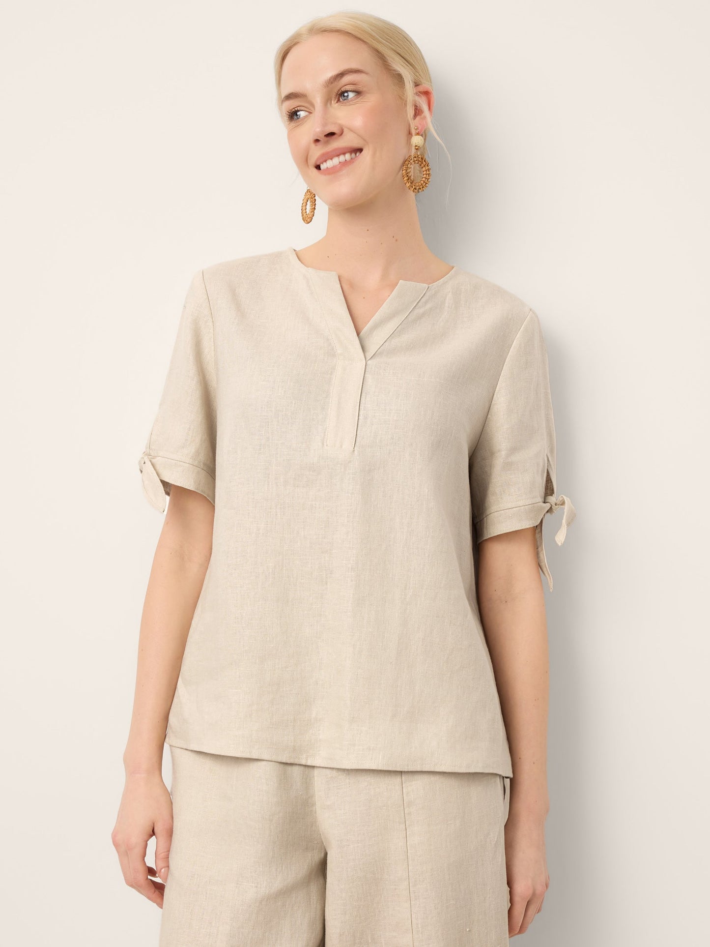 100% Linen Tie Cuff Notched V-Neck Top LORAN