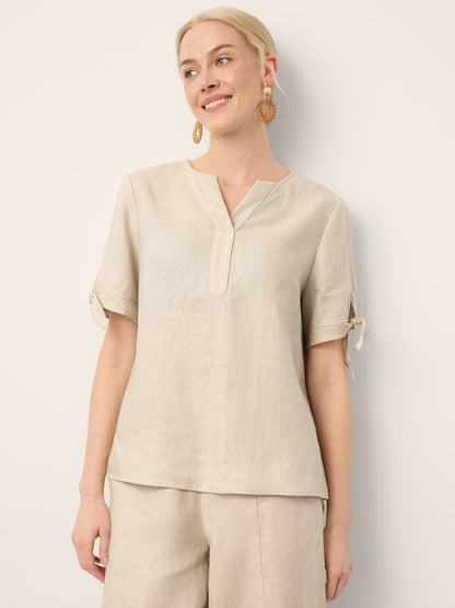 100% Linen Tie Cuff Notched V-Neck Top LORAN