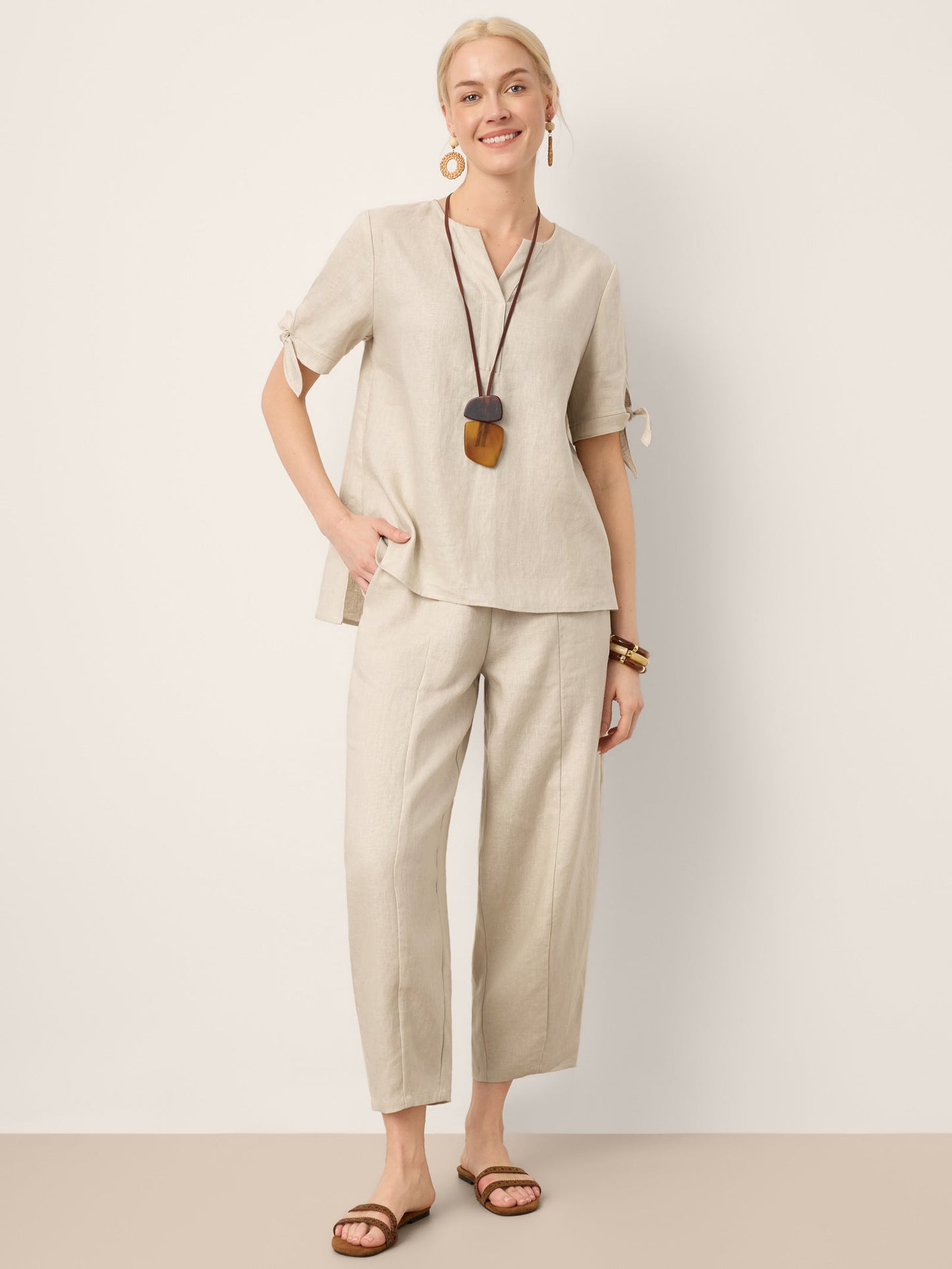 100% Linen Tie Cuff Notched V-Neck Top LORAN