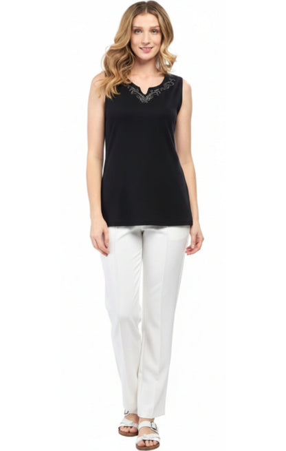 Women's Rhinestone Notch V-Neck Sleeveless Knit Tank Top