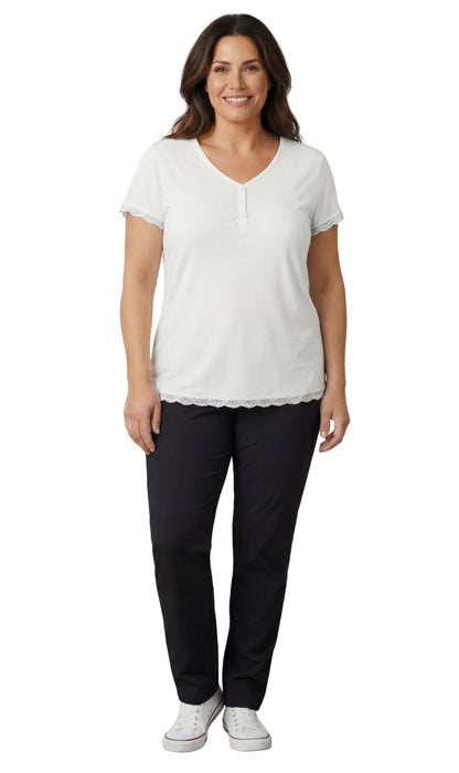 Women's Short Sleeve V-Neck Tee with 3-Button Henley Placket