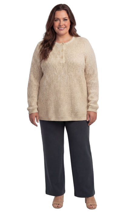 Women's Long Sleeve Henley Shaker Knit Sweater — 3-Button Placket