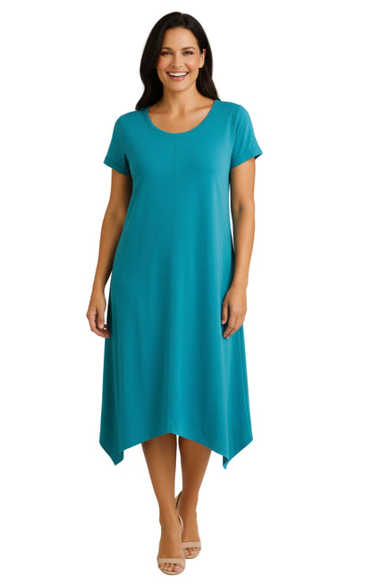 Women's Short Sleeve A-Line Knit Dress — Scoop Neck Asymmetrical Hem