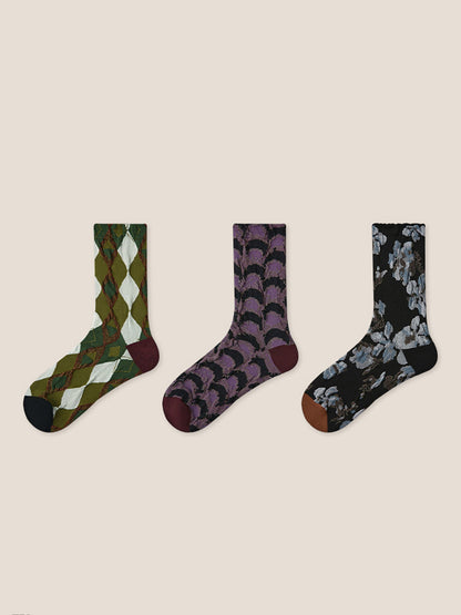 Long-Staple Cotton 3-Pair Floral Embossed Slouch Mid-Calf Sock Set