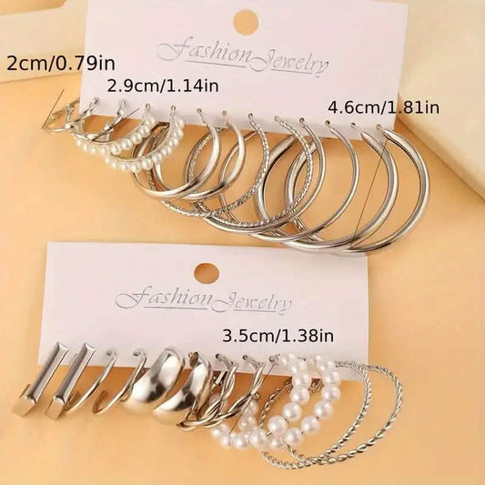 12-Pairs: Gold Hoop Earrings with Faux Pearl Decor Set