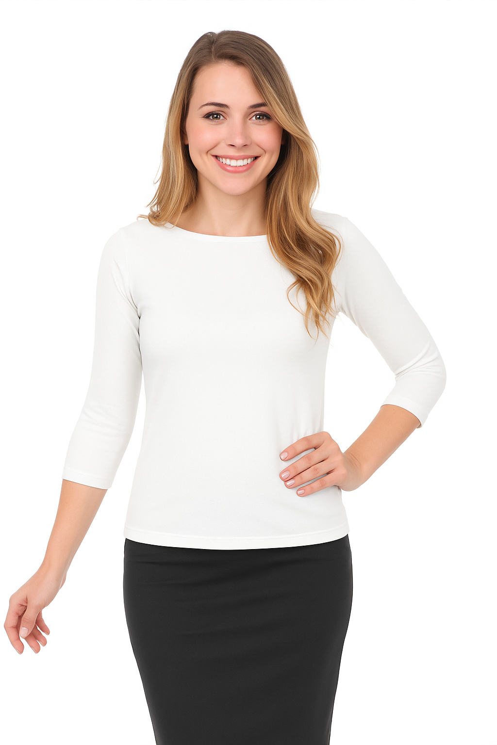 3/4 Sleeve T-Shirt High Round Neckline Slim-Fit
