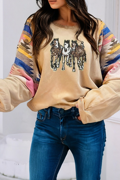 Sequined Western Horses Aztec Sweatshirt – Colorful Graphic Pullover for Fall & Winter
