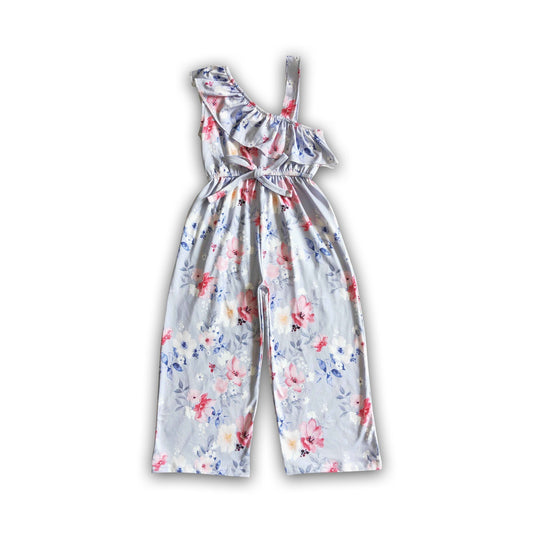 Floral one off shoulder ruffle pants baby girls jumpsuit