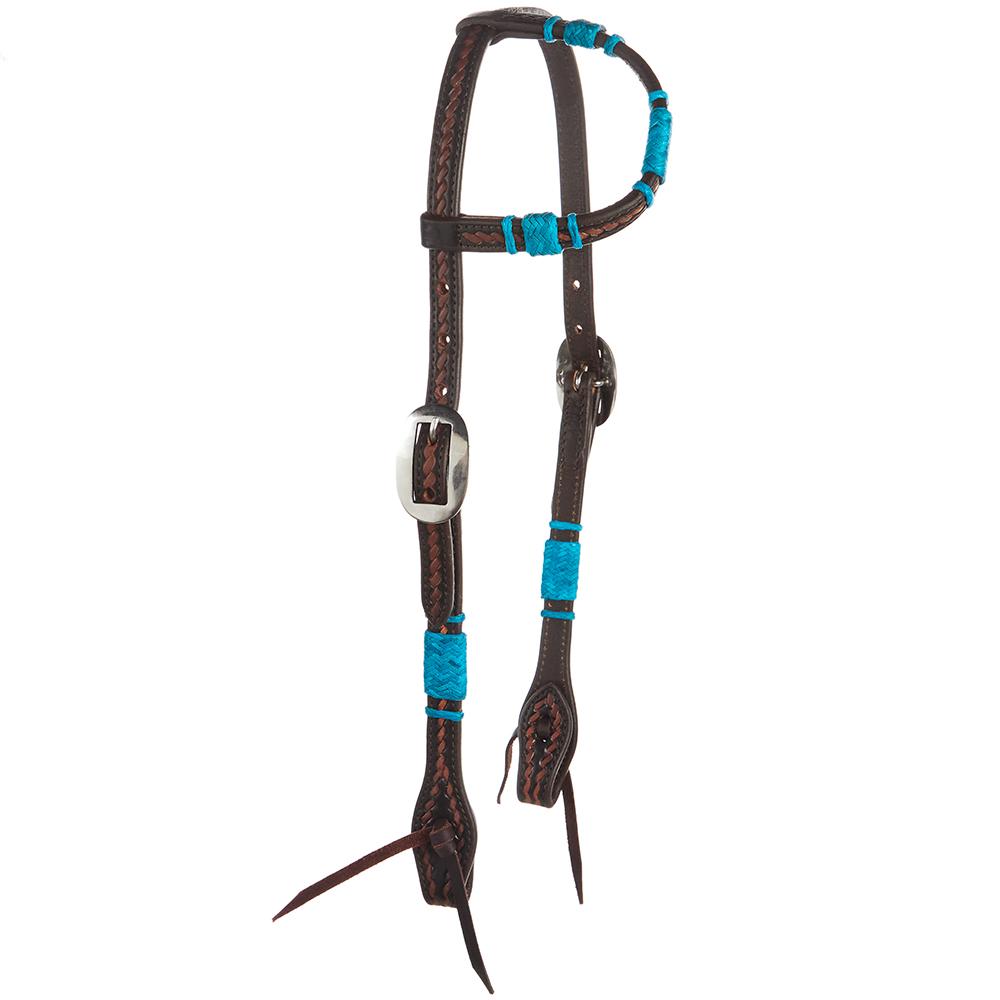 WD-RRSEH-T Turquoise Rawhide Rope Tooled Single Ear Headstall