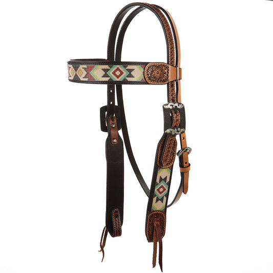 WD-SBH3 Turquoise And Rust Embossed Beadwork Browband Headstall