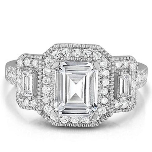 18k White Gold Tri Stone Emerald Cut Cubic Zirconia Ring